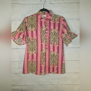 Fox and Hen Women's Pink Stripe Animal Print Top Tiger XS